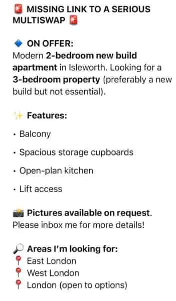 2-Bed New Build Apartment Swap for 3-Bed Property in London